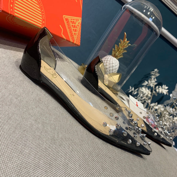 CL Collaclou Spike Clear Flat Embellished Pvc and Patent Leather Black