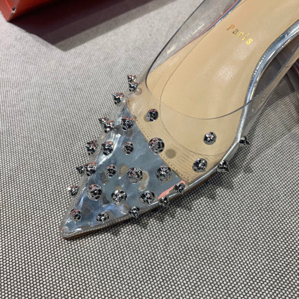 CL Collaclou Spike Clear Flat Embellished Pvc and Metallic Leather Silver