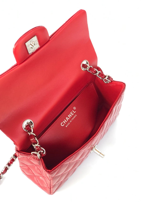 MINI RECTANGLE FLAP BAG 20CM RED PATENT CALFSKIN SILVER HARDWARE