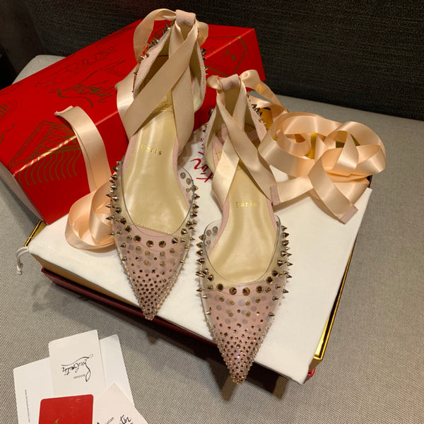 CL Mechante Reine Flats Spike PVC and Veau Velours Pink