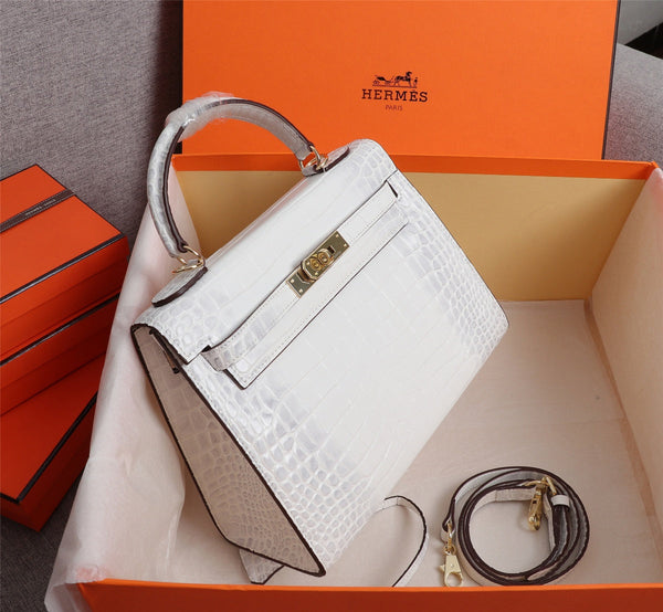 HM KELLY BAG 28 WHITE CROCODILE EMBOSSED CALFSKIN