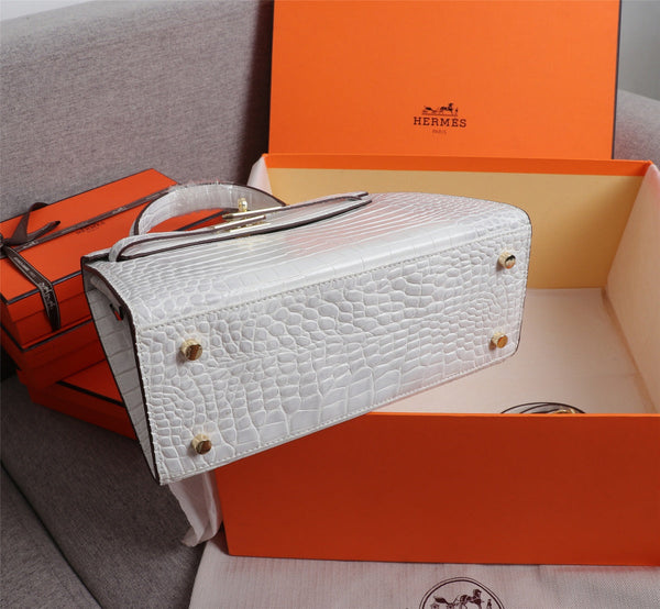 HM KELLY BAG 28 WHITE CROCODILE EMBOSSED CALFSKIN