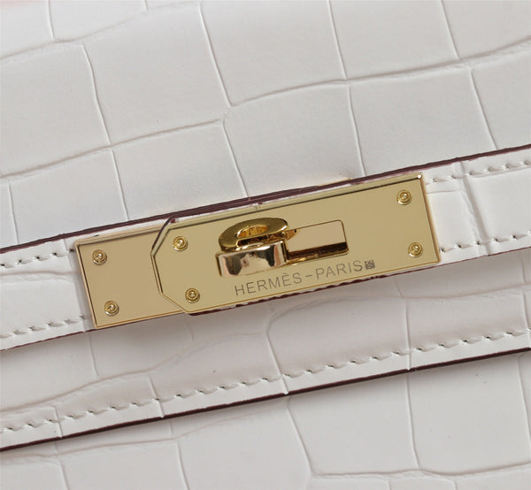 HM KELLY BAG 28 WHITE CROCODILE EMBOSSED CALFSKIN