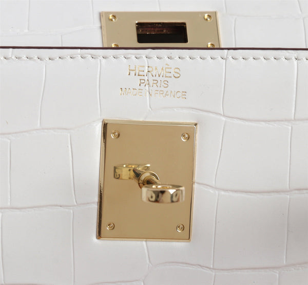 HM KELLY BAG 25 WHITE CROCODILE EMBOSSED CALFSKIN