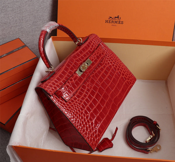 HM KELLY BAG 28 RED CROCODILE EMBOSSED CALFSKIN