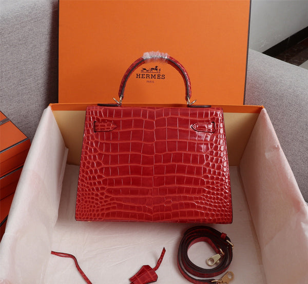 HM KELLY BAG 25 RED CROCODILE EMBOSSED CALFSKIN