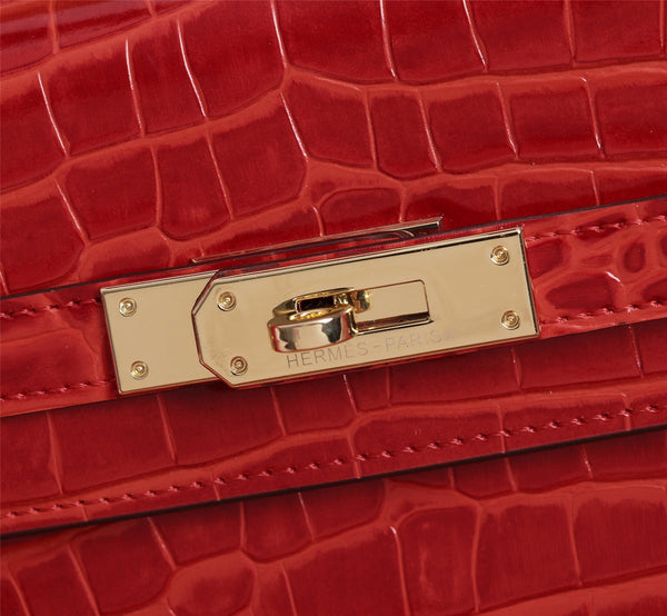 HM KELLY BAG 28 RED CROCODILE EMBOSSED CALFSKIN