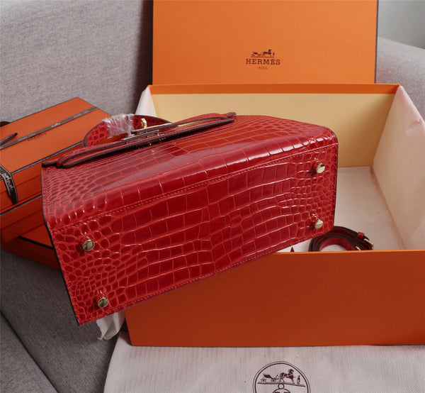 HM KELLY BAG 25 RED CROCODILE EMBOSSED CALFSKIN