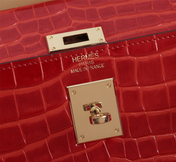 HM KELLY BAG 25 RED CROCODILE EMBOSSED CALFSKIN