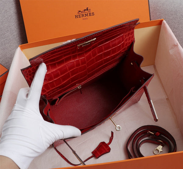 HM KELLY BAG 25 RED CROCODILE EMBOSSED CALFSKIN