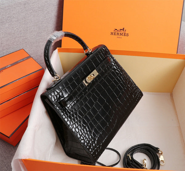 HM KELLY BAG 28 BLACK CROCODILE EMBOSSED CALFSKIN