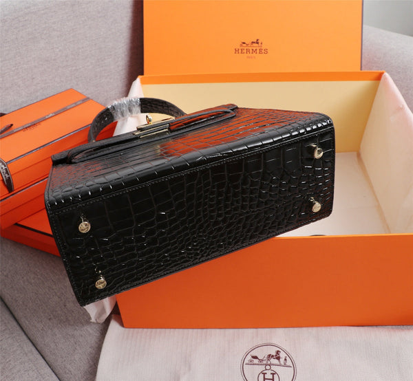 HM KELLY BAG 25 BLACK CROCODILE EMBOSSED CALFSKIN