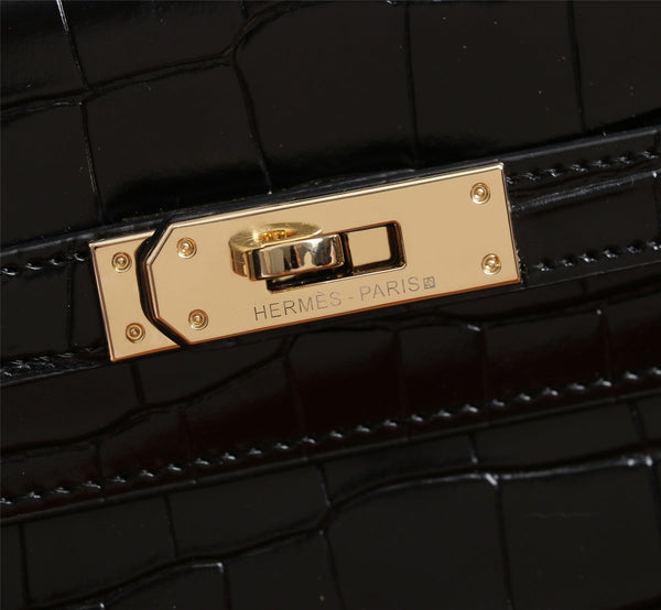 HM KELLY BAG 28 BLACK CROCODILE EMBOSSED CALFSKIN
