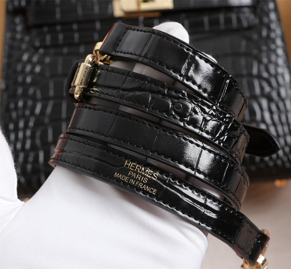 HM KELLY BAG 28 BLACK CROCODILE EMBOSSED CALFSKIN