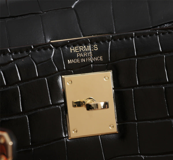 HM KELLY BAG 28 BLACK CROCODILE EMBOSSED CALFSKIN