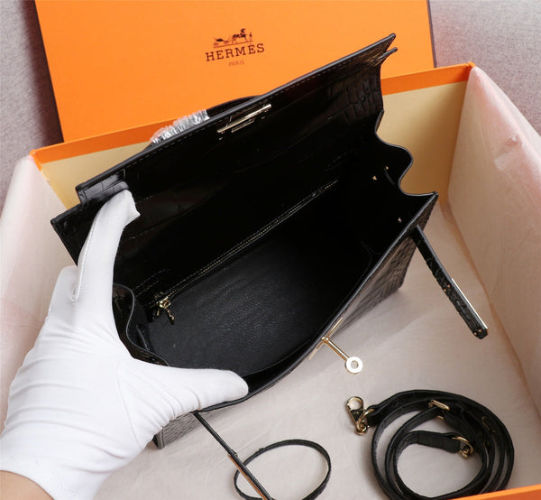 HM KELLY BAG 25 BLACK CROCODILE EMBOSSED CALFSKIN