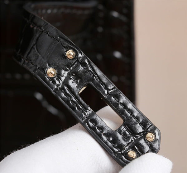 HM KELLY BAG 25 BLACK CROCODILE EMBOSSED CALFSKIN