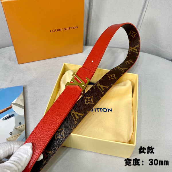 LV INITIALES 30 MM REVERSIBLE BELT IN BROWN MONOGRAM AND CHERRY RED CALFSKIN GOLD HARDWARE