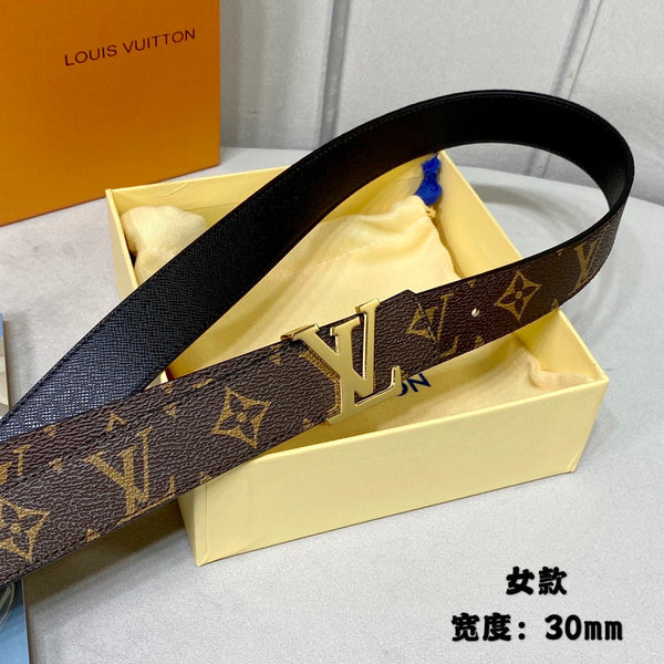 LV INITIALES 30 MM REVERSIBLE BELT IN BROWN MONOGRAM AND BLACK CALFSKIN GOLD HARDWARE