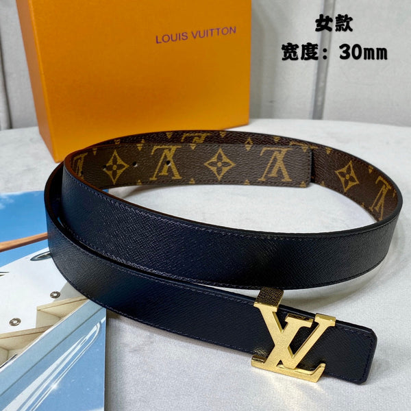 LV INITIALES 30 MM REVERSIBLE BELT IN BROWN MONOGRAM AND BLACK CALFSKIN GOLD HARDWARE