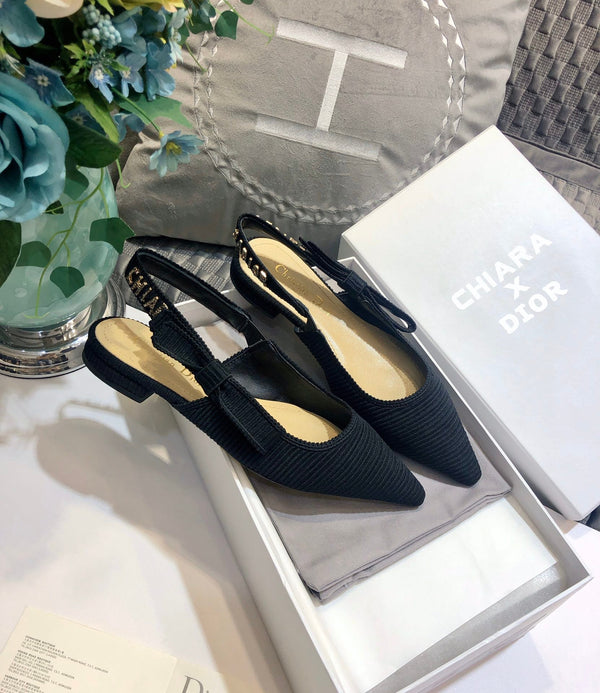JAdior slingback flat all black embroidered cotton