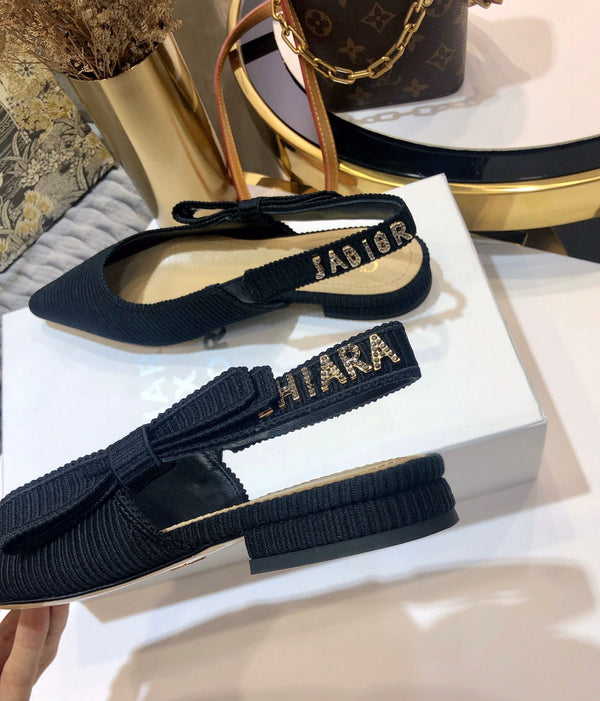 JAdior slingback flat all black embroidered cotton