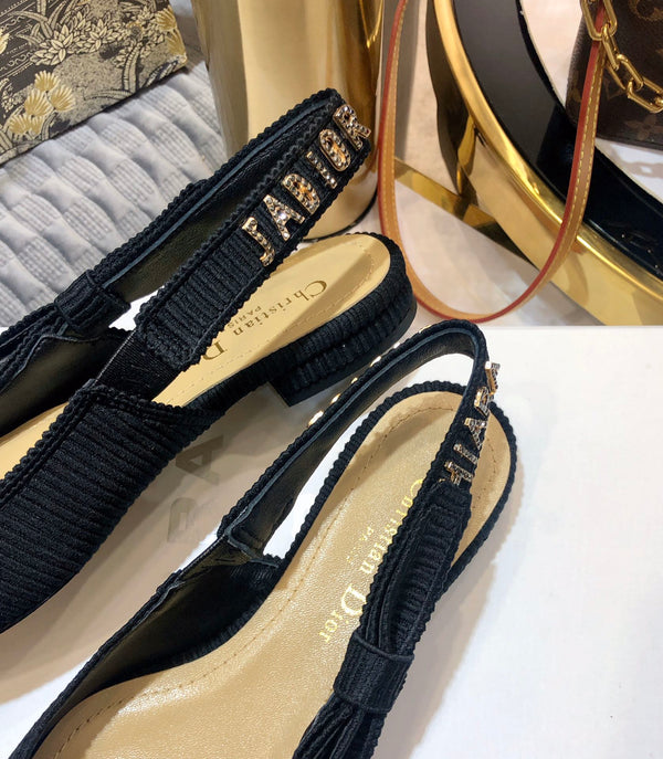 JAdior slingback flat all black embroidered cotton