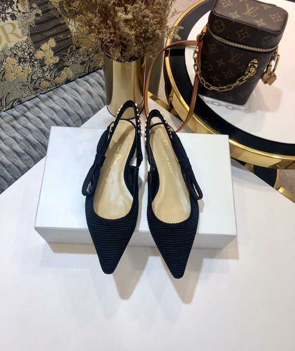 JAdior slingback flat all black embroidered cotton