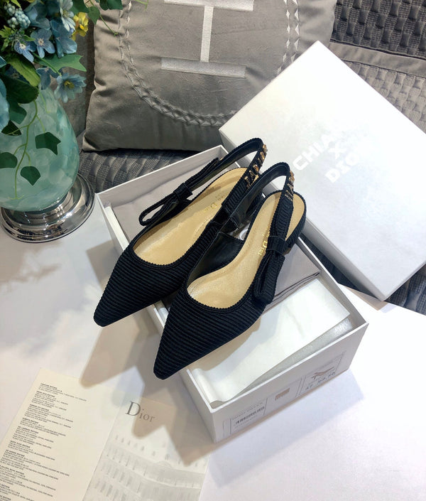 JAdior slingback flat all black embroidered cotton