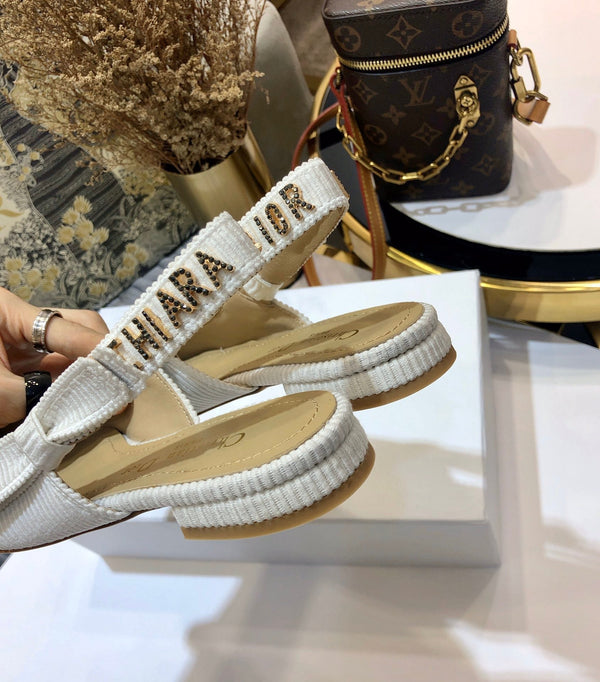 JAdior slingback flat all white embroidered cotton