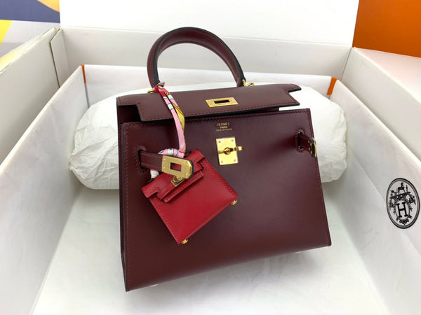 KELLY MINI 20 BAG IN WINE RED SMOOTH CALFSKIN WITH GOLD HARDWARE (MADE - TO - ODER)
