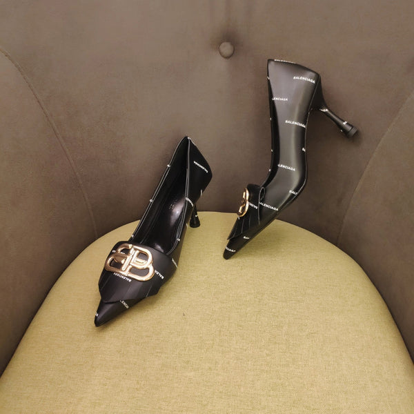 POINTED TOE PUMPS BLACK WITH LOGO PRINT SMOOTH CALFSKIN