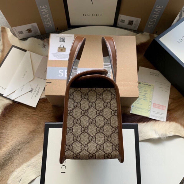 BORSA GG HORSEBIT 1955 PICCOLA 27 IN TELA BEIGE E PELLE DI VITELLO MARRONE