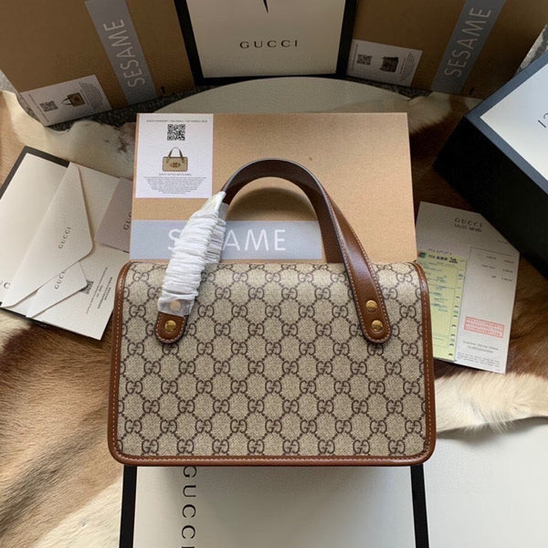 BORSA GG HORSEBIT 1955 PICCOLA 27 IN TELA BEIGE E PELLE DI VITELLO MARRONE