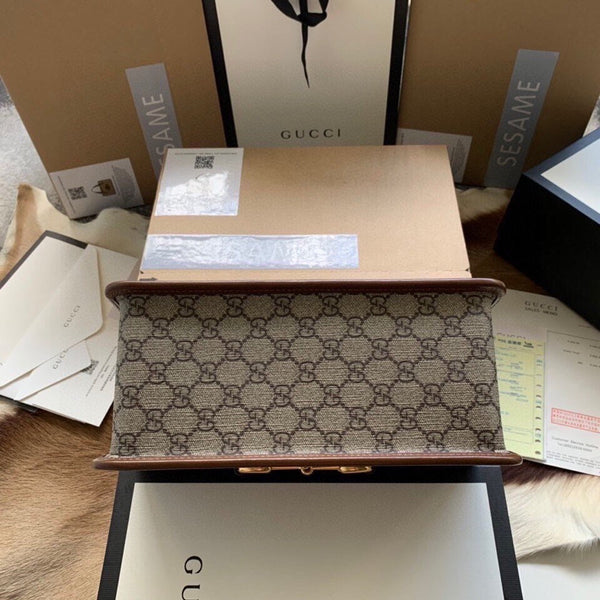 BORSA GG HORSEBIT 1955 PICCOLA 27 IN TELA BEIGE E PELLE DI VITELLO MARRONE