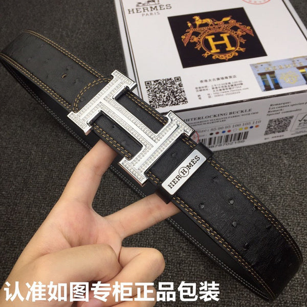 HM Belt 38mm Black Cowhide Leather Sliver Diamond Buckle 619512