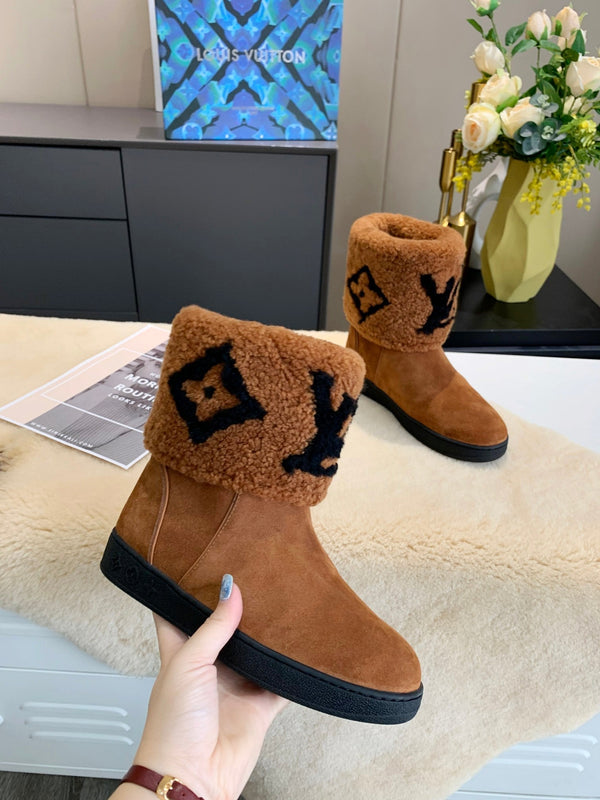 LV Snowdrop Flat Ankle Boot Brown Suede Wool 454718