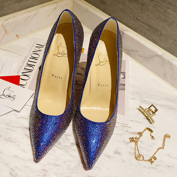 CL Kate Strass Degrade Pumps 100mm Suede Blue