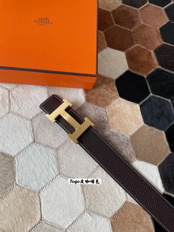 CINTURA HM CONSTANCE CON FIBBIA E CINTURINO REVERSIBILE IN PELLE MARRONE CIOCCOLATO 38 MM FERRAMENTA ORO