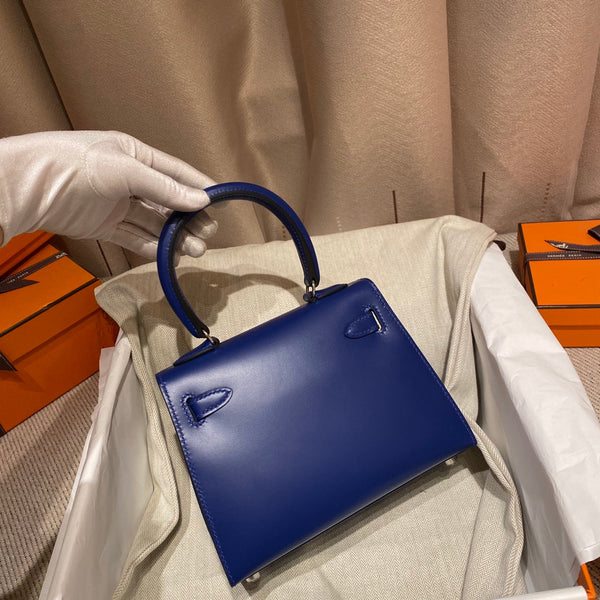 KELLY MINI 20 BAG IN NAVY BLUE SMOOTH CALFSKIN WITH SILVER HARDWARE (MADE - TO - ODER)