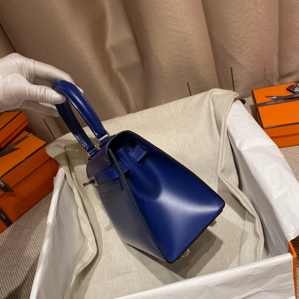 KELLY MINI 20 BAG IN NAVY BLUE SMOOTH CALFSKIN WITH SILVER HARDWARE (MADE - TO - ODER)