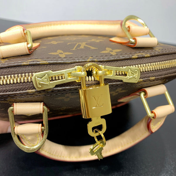 ALMA BB 23 IN TELA MONOGRAM MARRONE E RIFINITURE IN PELLE DI VITELLO BEIGE, FIBBIA ORO