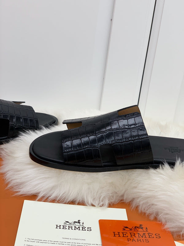 HM IZMIR SANDAL BLACK CROCODILE EMBOSSED CALFSKIN