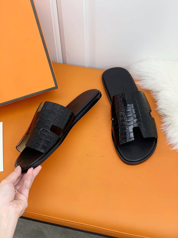 HM IZMIR SANDAL BLACK CROCODILE EMBOSSED CALFSKIN