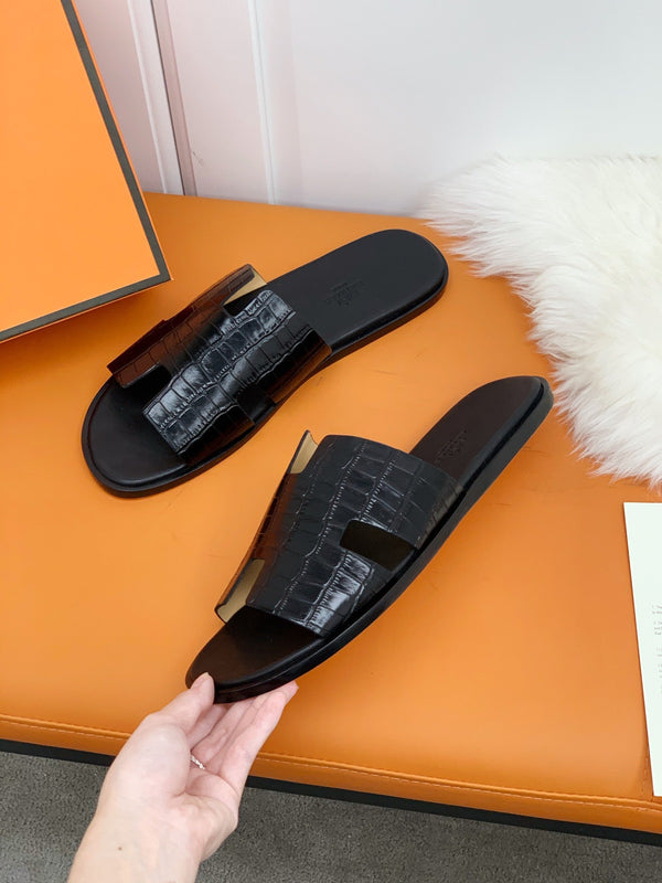 HM IZMIR SANDAL BLACK CROCODILE EMBOSSED CALFSKIN