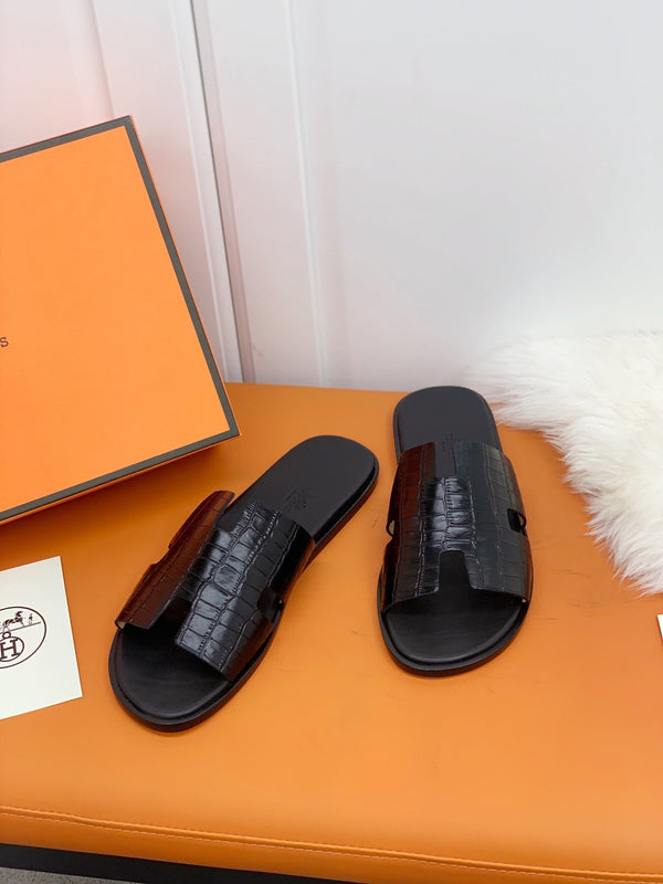 HM IZMIR SANDAL BLACK CROCODILE EMBOSSED CALFSKIN