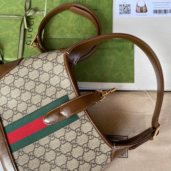 gg jackie small 28cm beige monogram canvas brown calfskin