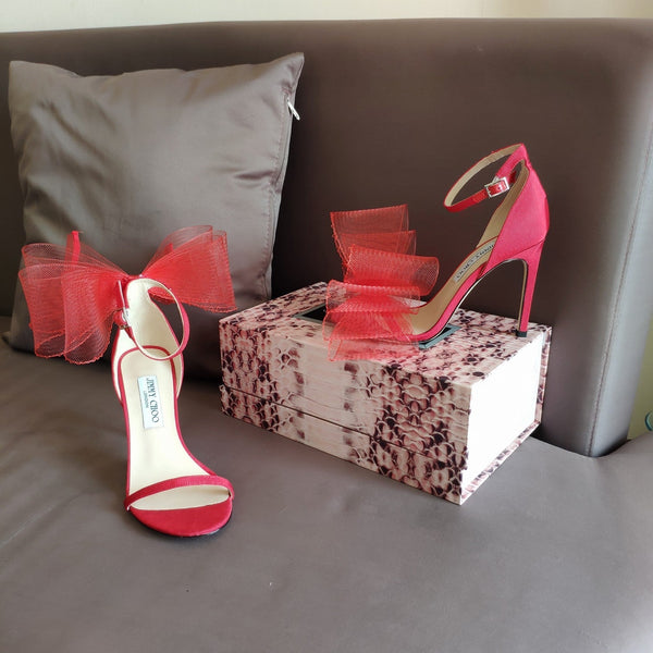 Jimmy Choo 100mm Bow Sandal Red Mesh Cowhide