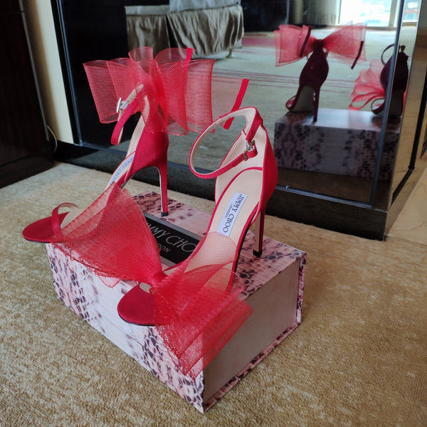 Jimmy Choo 100mm Bow Sandal Red Mesh Cowhide