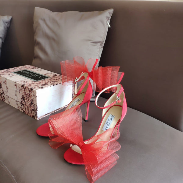 Jimmy Choo 100mm Bow Sandal Red Mesh Cowhide